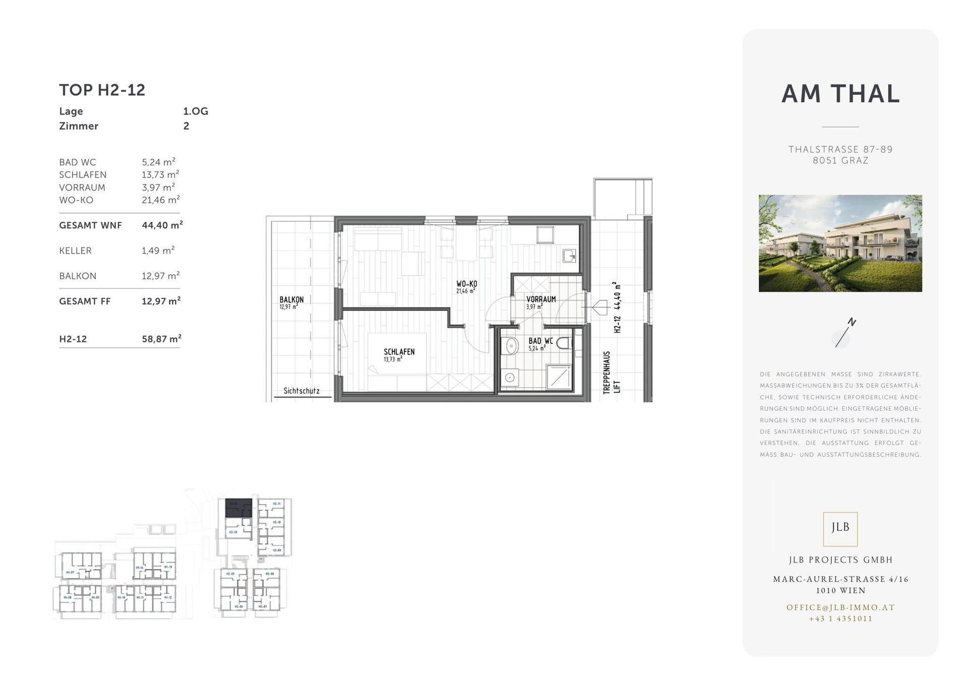 Grundriss der Wohnung H2-12 mit Schlafzimmer, Wohn-Kochbereich und Balkon.