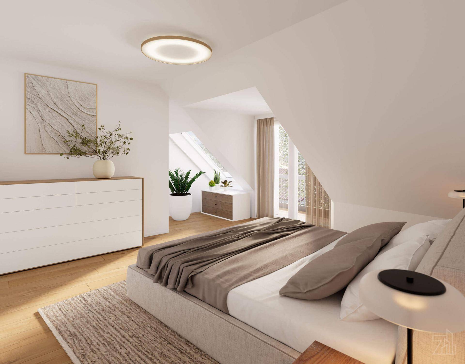 Helles Schlafzimmer im Dachgeschoss mit schrägen Wänden, Holzboden und Blick ins Grüne.