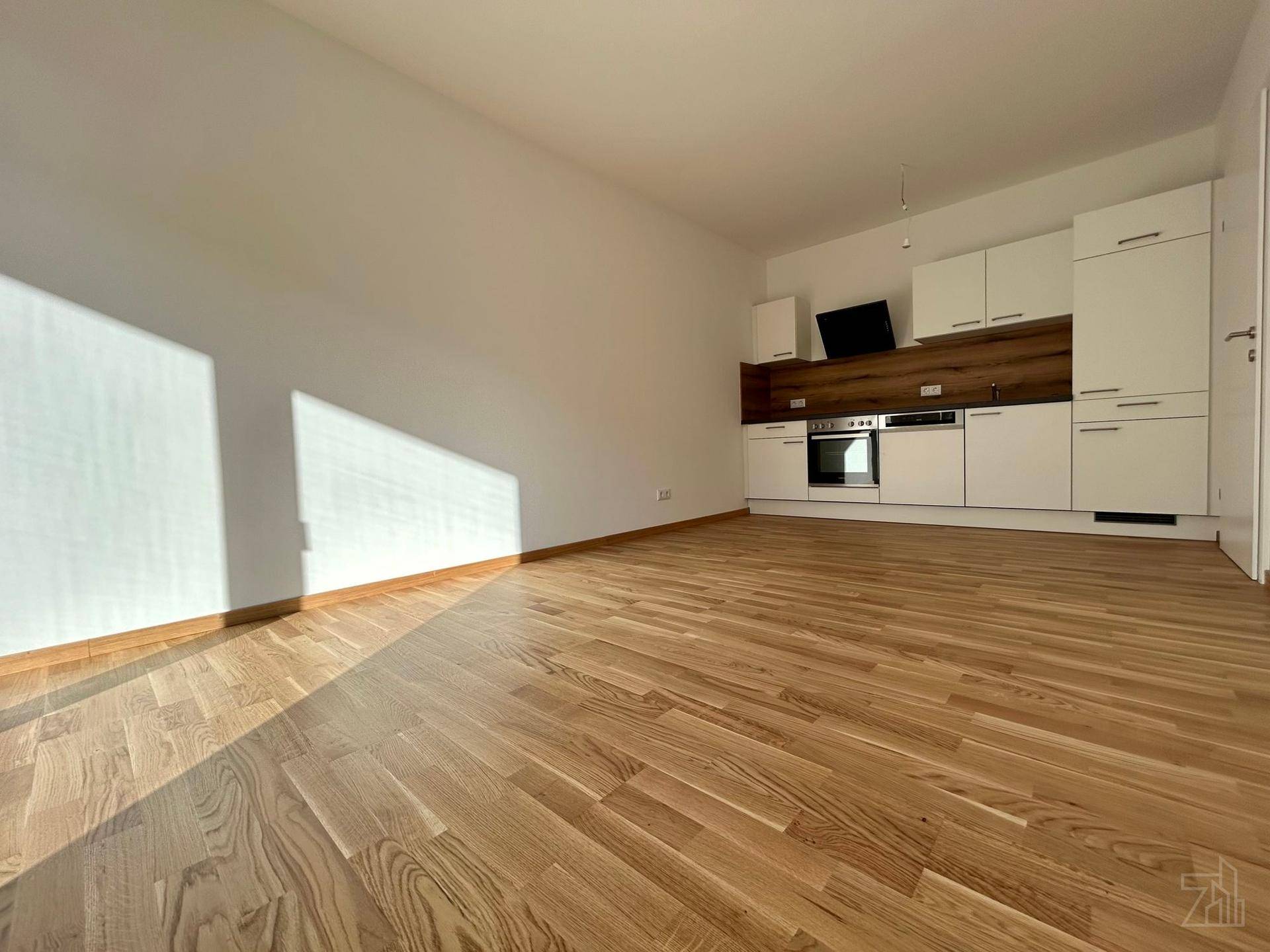Offener Wohnbereich mit integrierter Küchenzeile, Holzboden und viel Tageslicht.