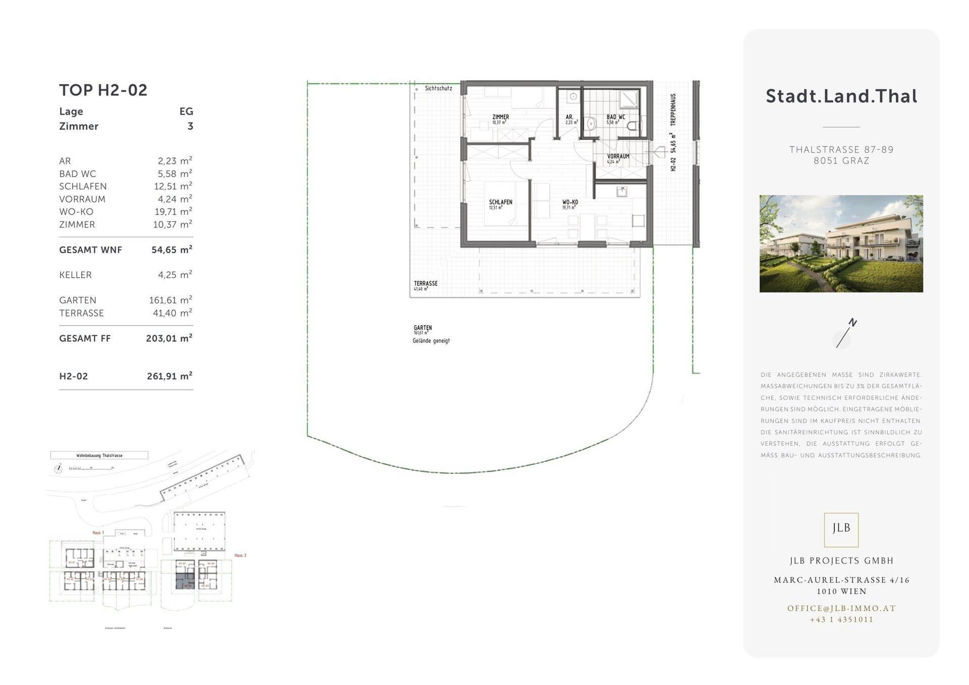 Grundriss der Einheit H2-02 zeigt eine effiziente Aufteilung mit Terrasse und Garten.
