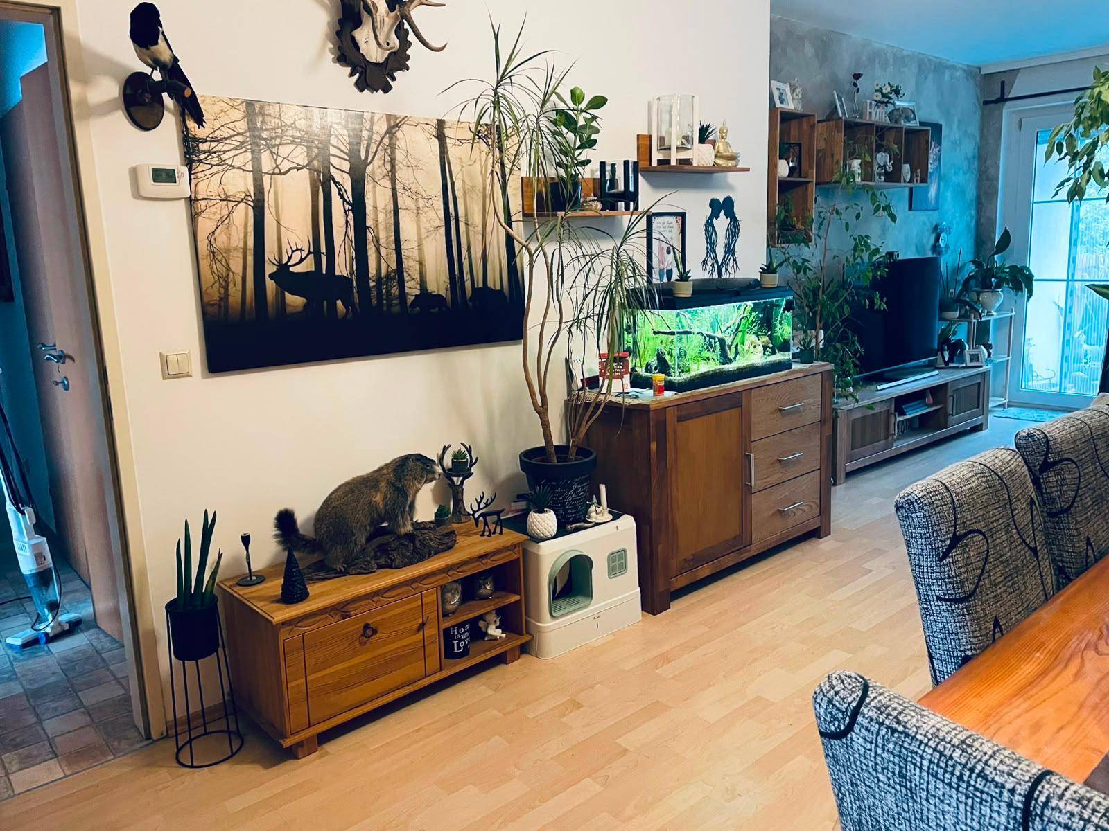 Geräumiger Wohn- und Essbereich mit Holzboden und vielen Pflanzen.