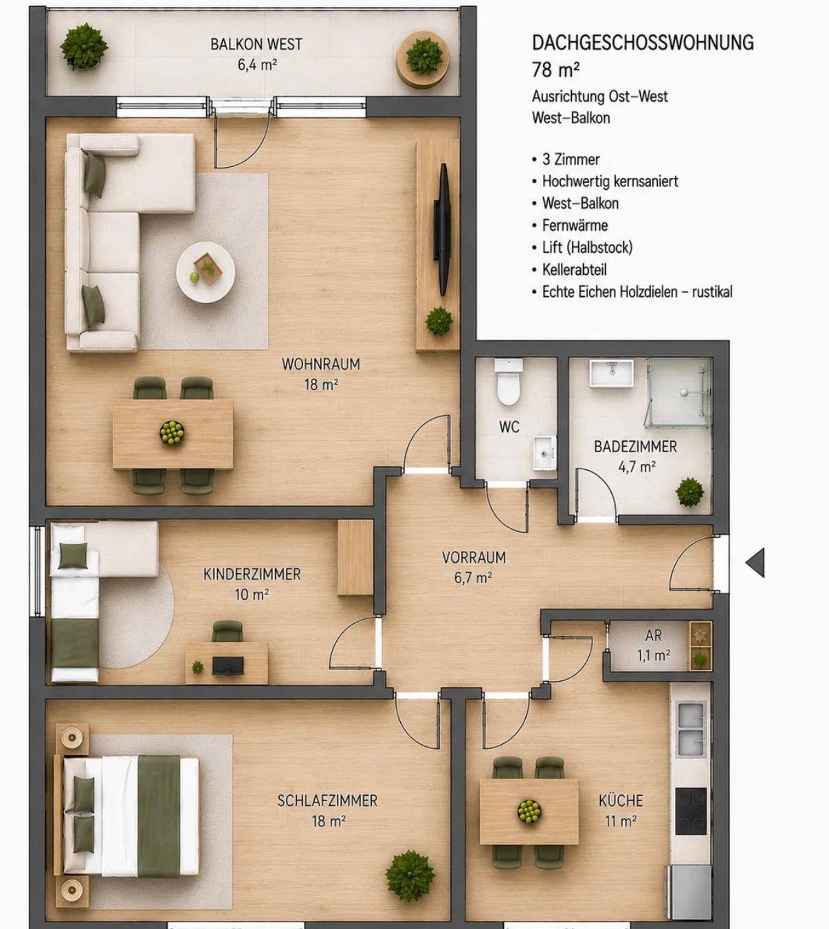 Grundriss einer 78 m² Dachgeschosswohnung mit drei Zimmern, Balkon und Kellerabteil.