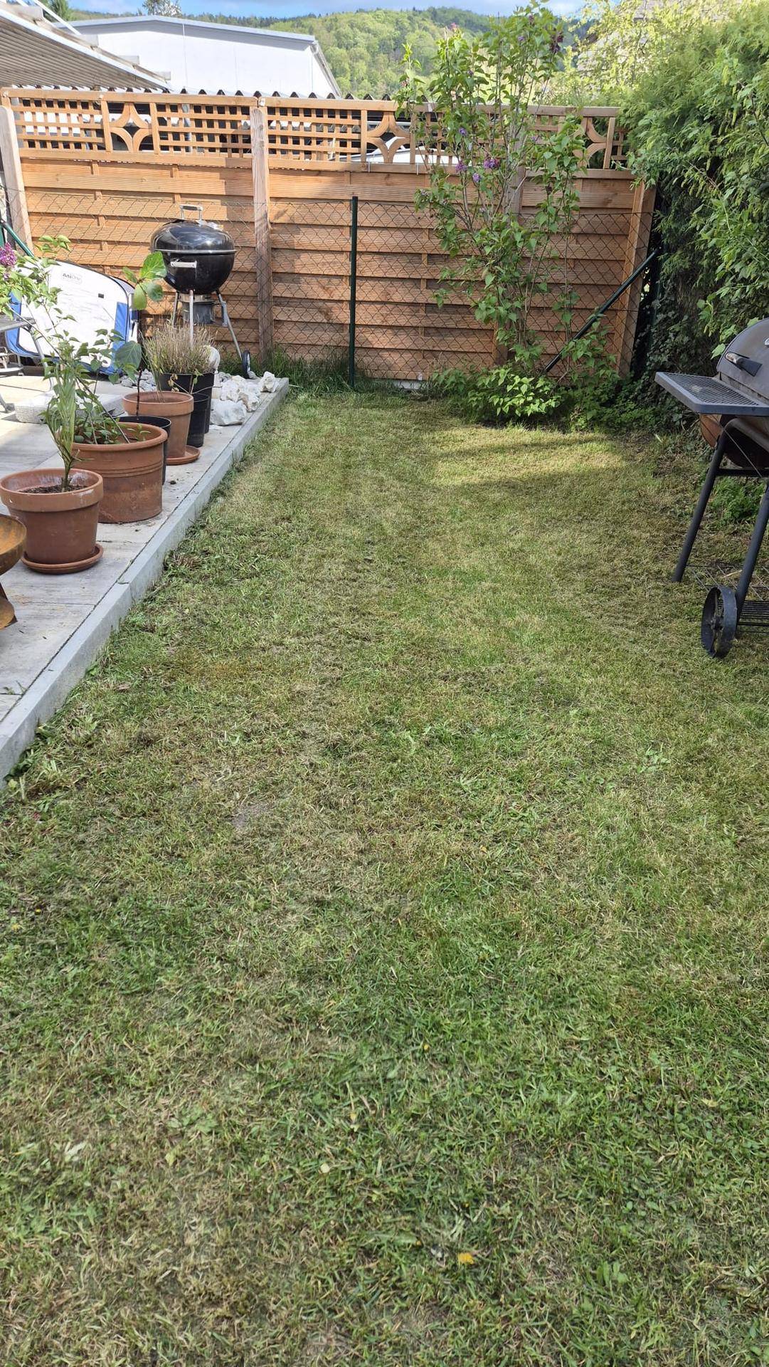 Gepflegter Gartenbereich mit Rasenfläche, Terrasse und Grill für entspannte Stunden im Freien.