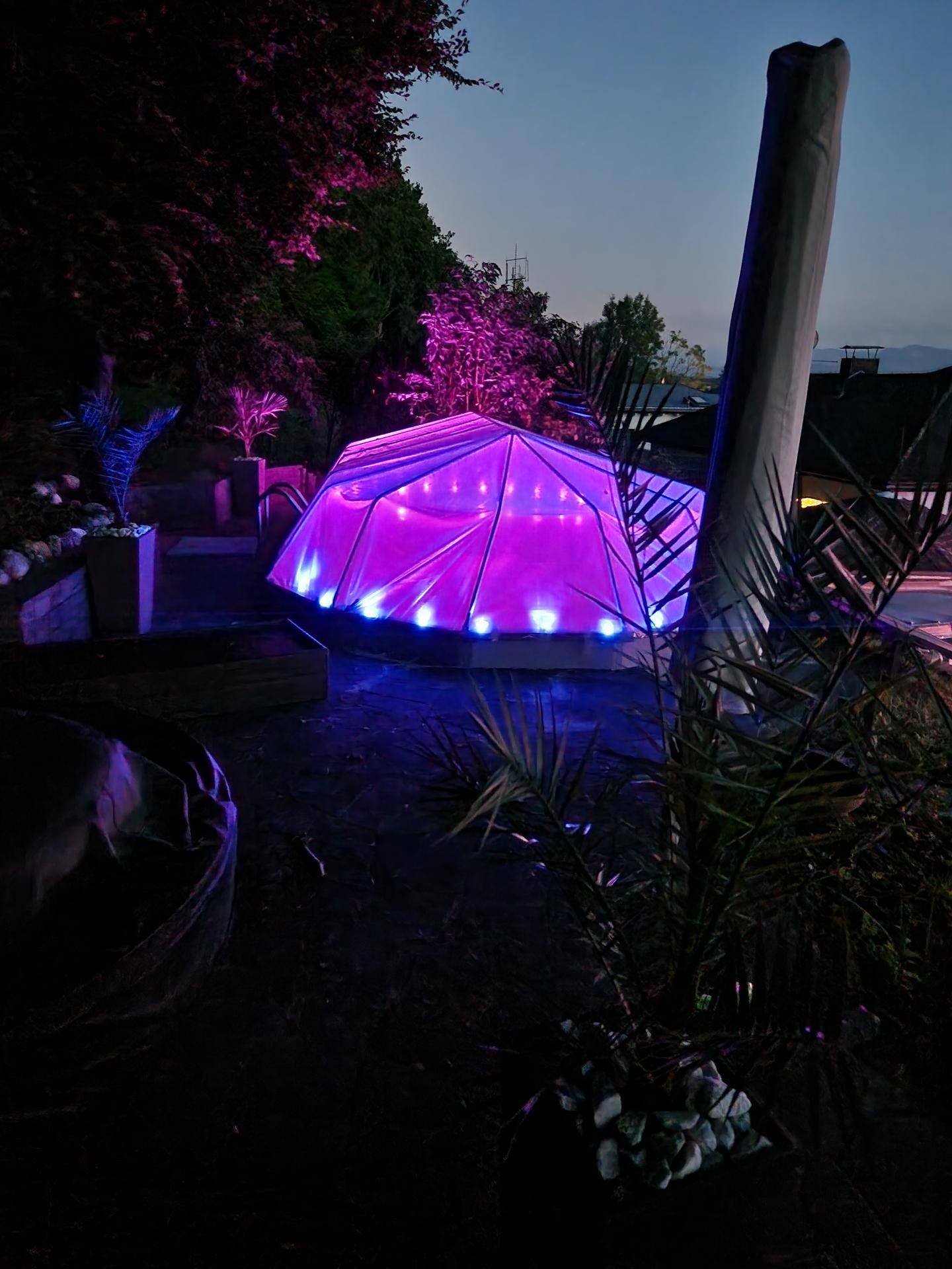 Futuristische Outdoor-Struktur im Garten mit lebendiger violetter Beleuchtung bei Nacht.