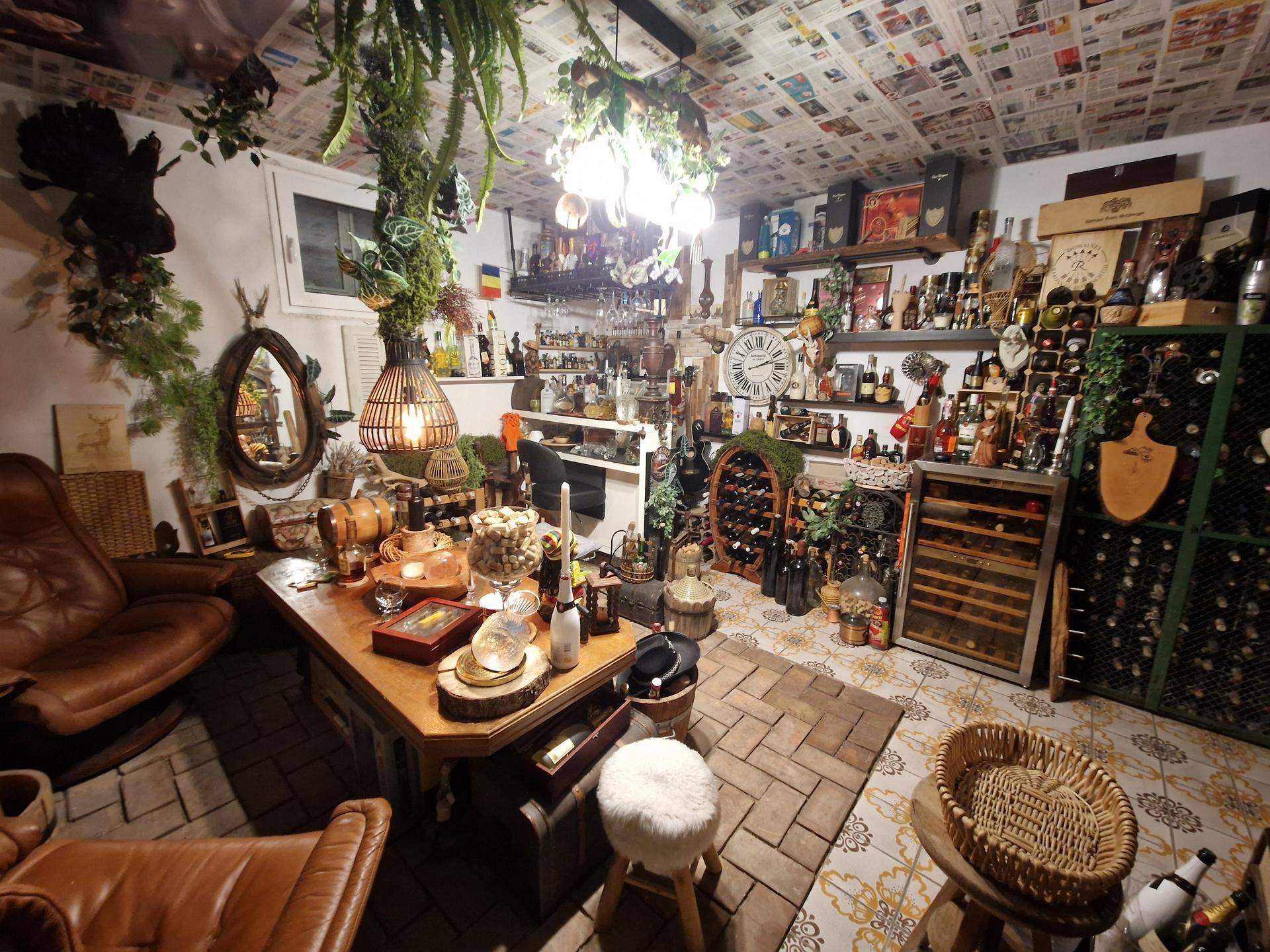Rustikaler Weinkeller mit umfangreicher Sammlung, gemütlichen Sitzgelegenheiten und einzigartiger Deckenverkleidung.