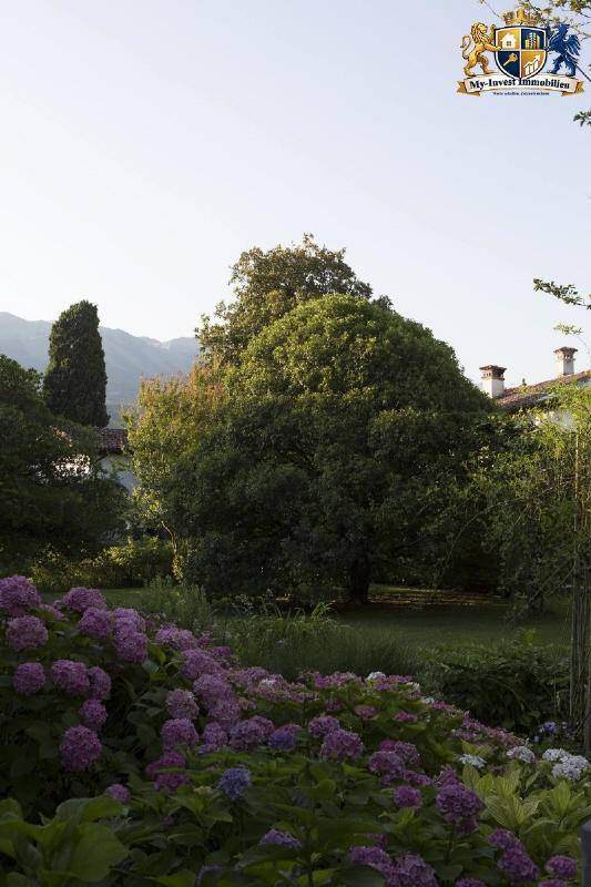 Blühender Garten mit Hortensien und altem Baumbestand, im Hintergrund ist ein Bergblick zu erkennen.