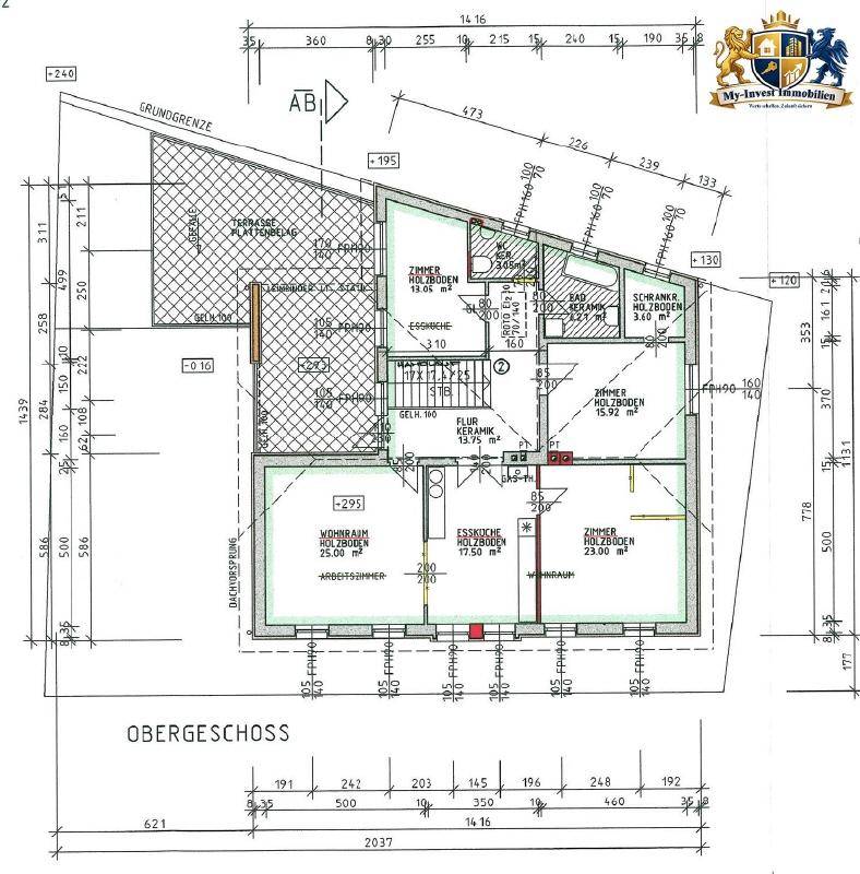 Grundriss des Obergeschosses mit Schlafzimmern, Wohnbereich und Essküche.