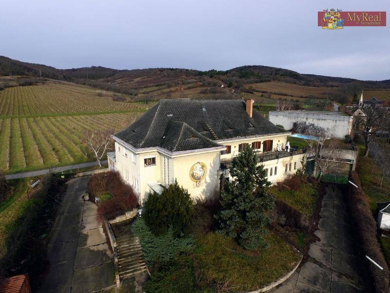 Anwesen mit Hauptgebäude und Pool, umgeben von weitläufigen Weinbergen und einer hügeligen Landschaft.