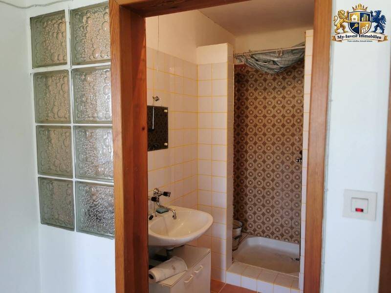 Badezimmer mit Waschbecken, Dusche und Glasbausteinen, die für natürliches Licht sorgen.