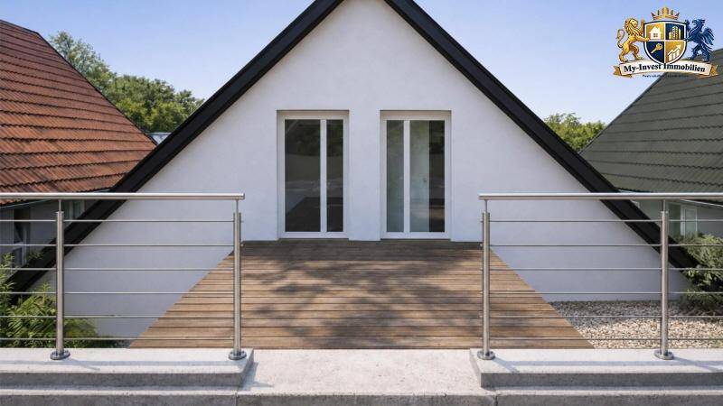 Holzterrasse mit Edelstahlgeländer vor der Giebelseite eines modernen Hauses mit zwei Türen.