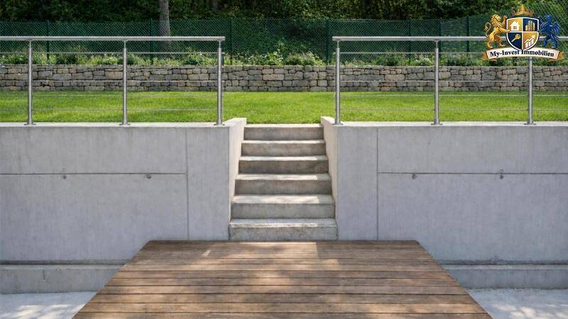 Außenbereich mit Holzdeck, Betontreppe und einer Rasenfläche, umgeben von einer Steinmauer.