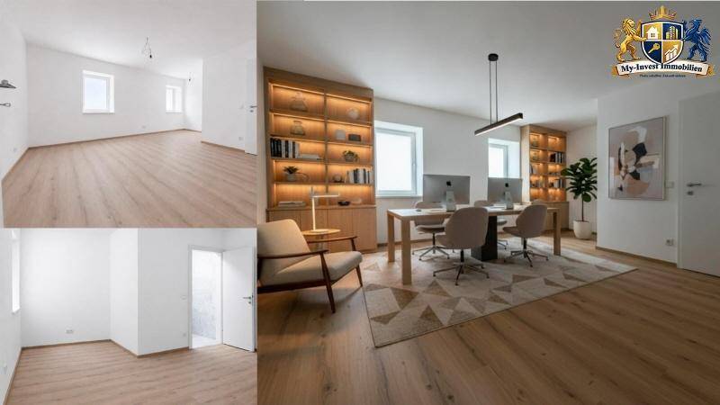 Helles Büro mit Holzboden, großen Fenstern und integrierten Bücherregalen.