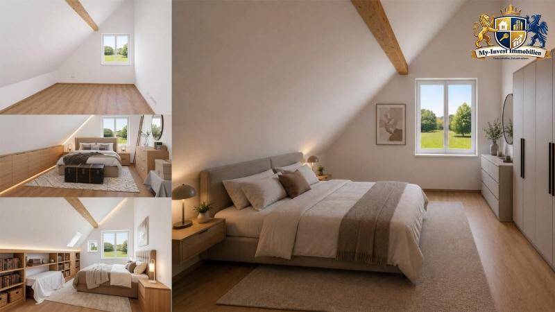 Gemütliches Schlafzimmer im Dachgeschoss mit Holzbalken, Dachschrägen und Blick ins Grüne.