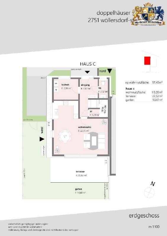Grundriss des Erdgeschosses von Haus C mit offenem Wohnbereich, Terrasse und Garten.