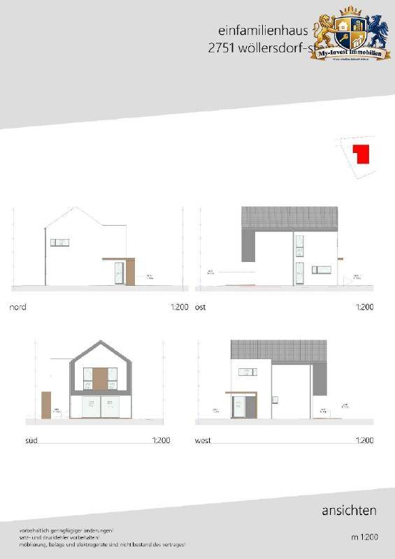 Architektonische Ansichten eines Einfamilienhauses von verschiedenen Seiten mit modernem Design.