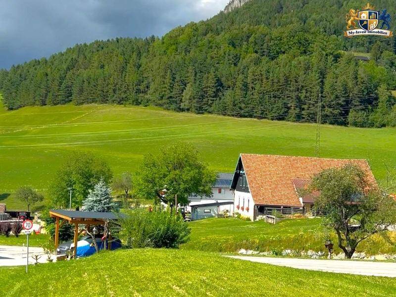 Ländliches Anwesen mit traditionellem Haus und rotem Ziegeldach, umgeben von grünen Wiesen.