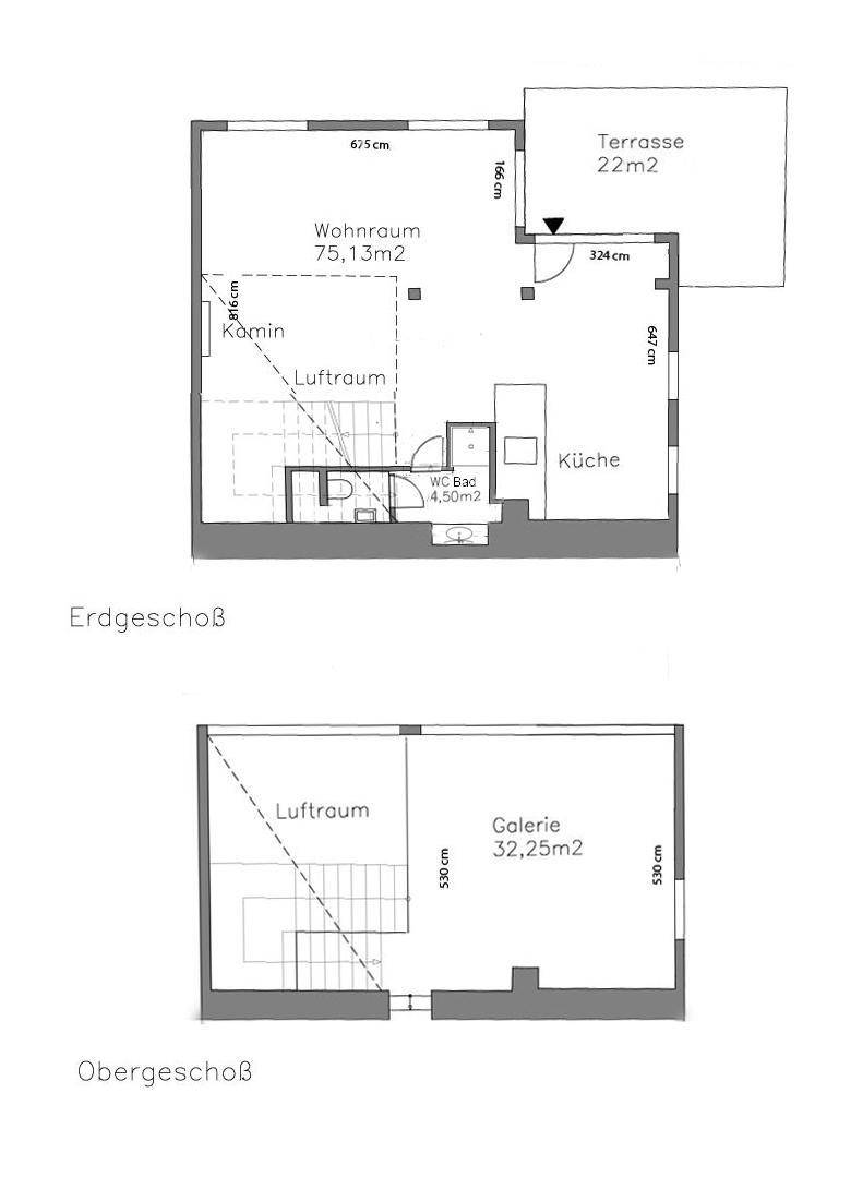 Grundriss des Erdgeschosses und Obergeschosses mit Wohnraum, Küche und Galerie.