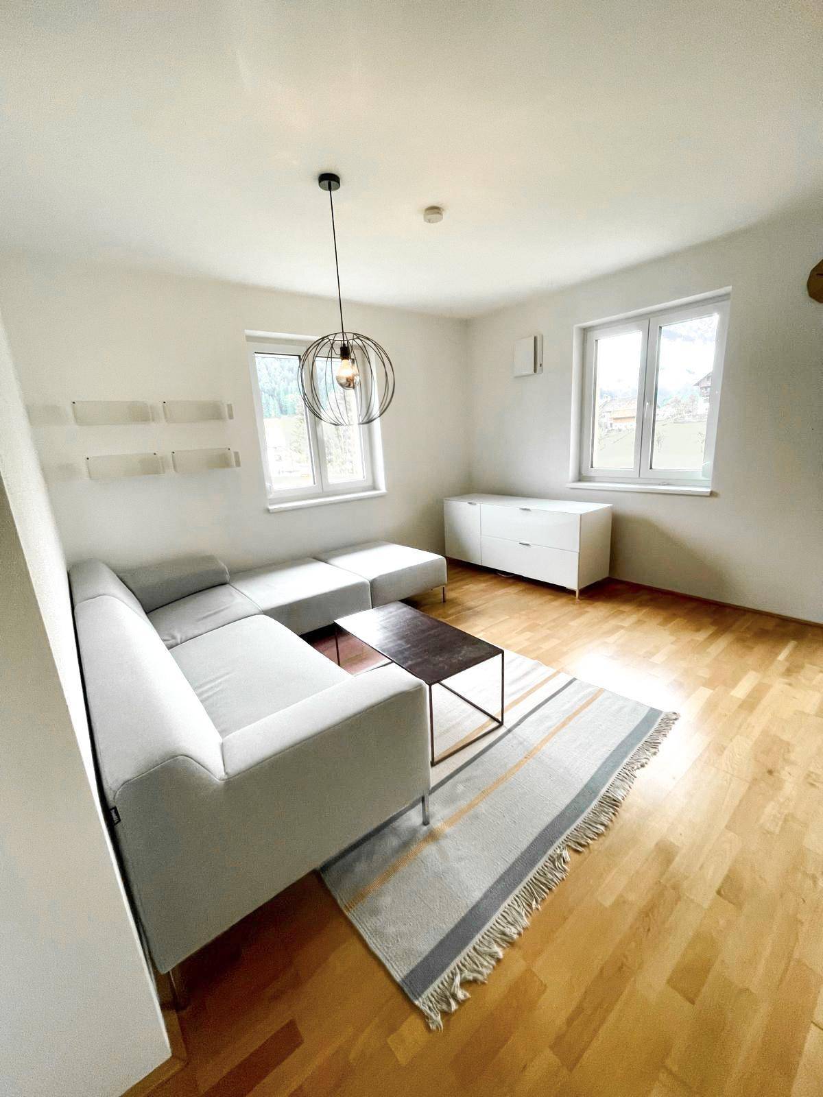 Gemütliches Wohnzimmer mit modernem Sofa, Holzboden und zwei Fenstern für viel Tageslicht.