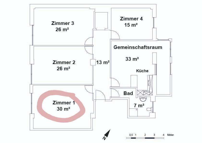 Grundriss einer Wohnung mit vier Zimmern, Gemeinschaftsraum und Bad.