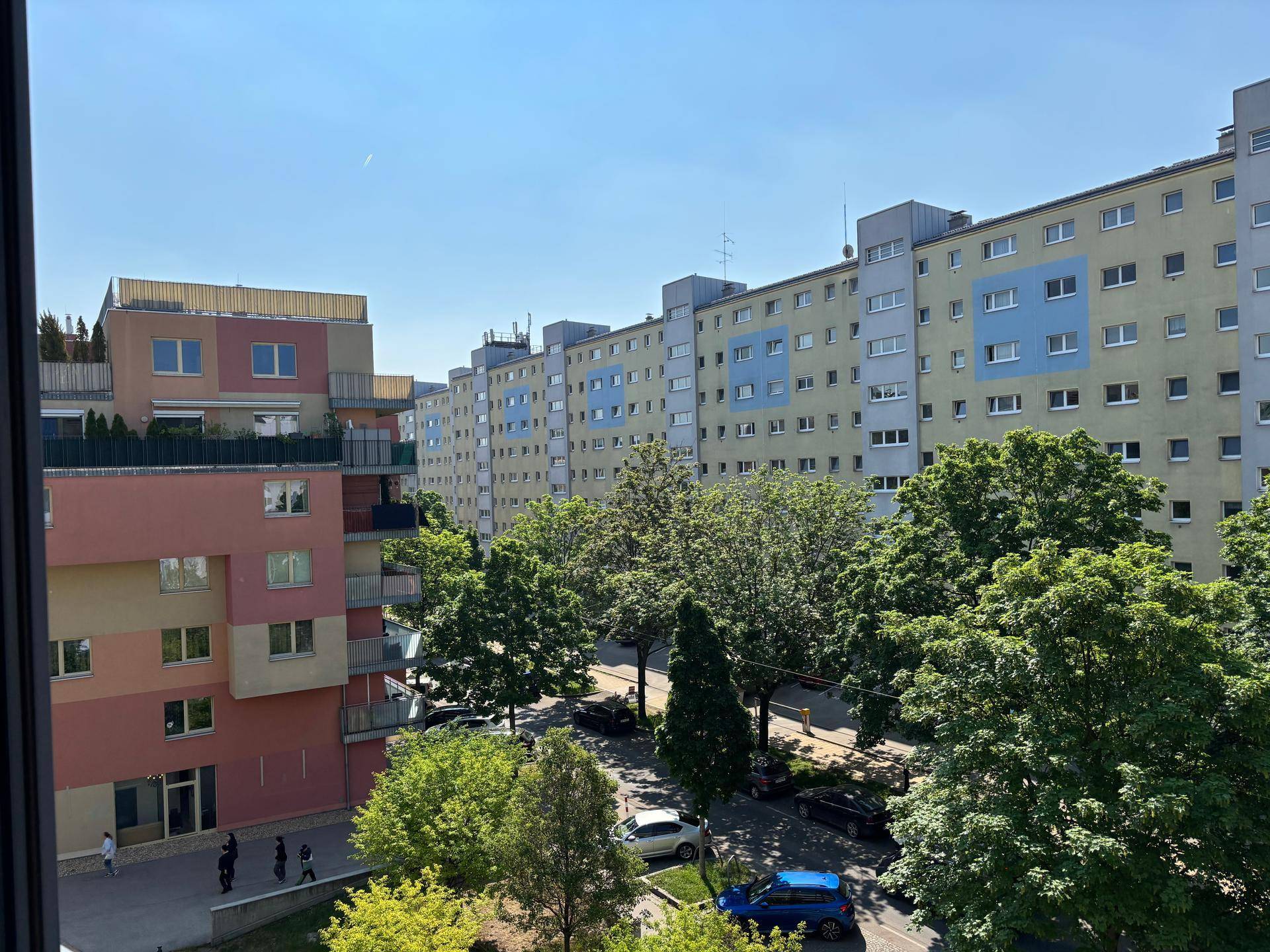 Blick aus dem Fenster auf eine Wohnsiedlung mit Bäumen und geparkten Autos.