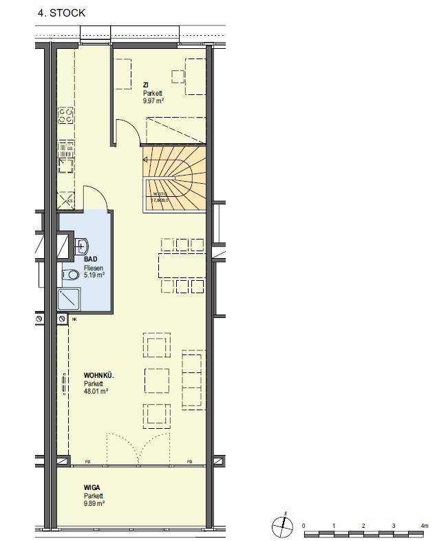 Grundriss des 4. Stocks mit Wohnküche, Bad und weiterem Zimmer.