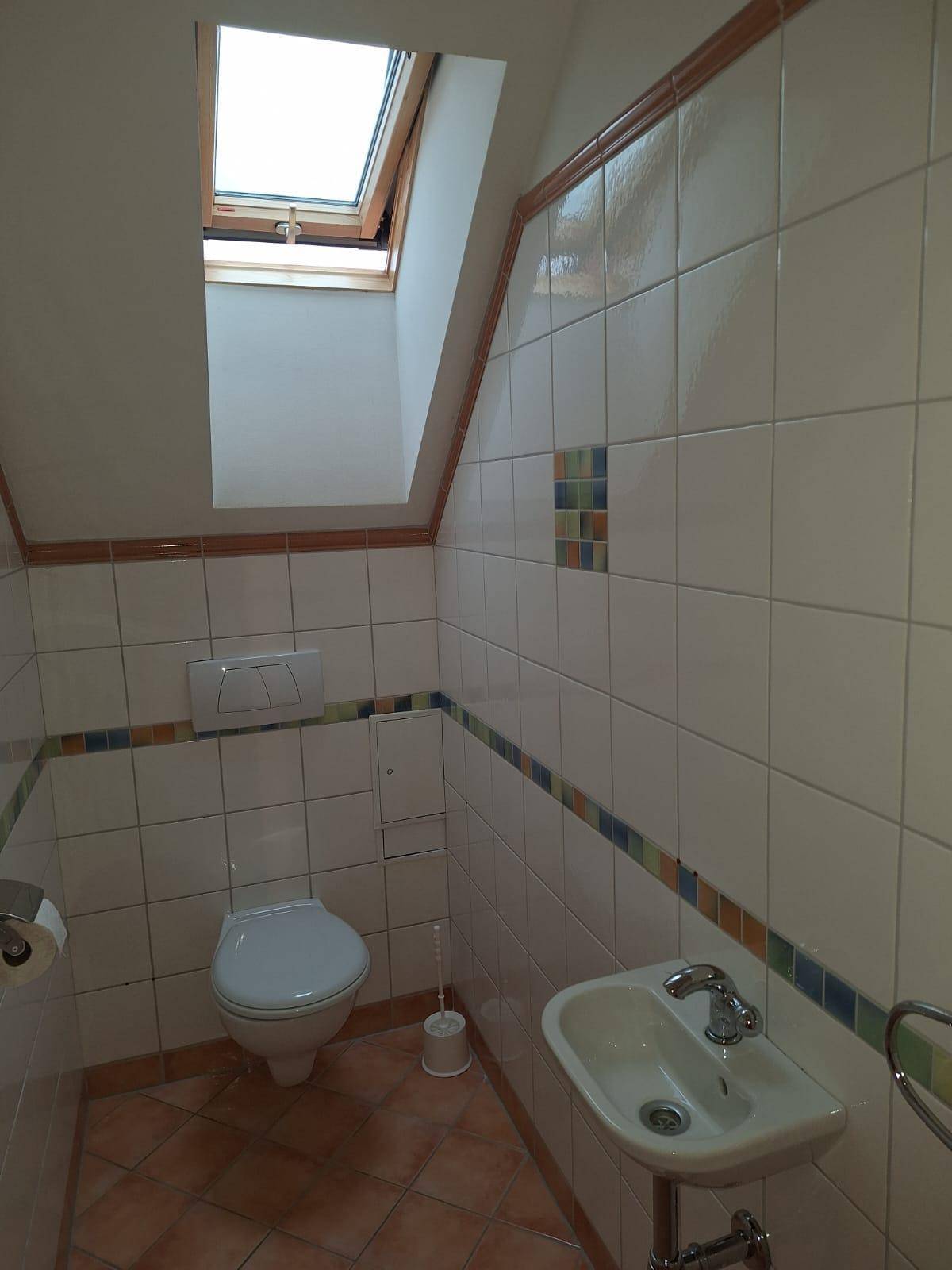 Gäste-WC mit Dachfenster, wandhängendem WC und kleinem Waschbecken, komplett gefliest.