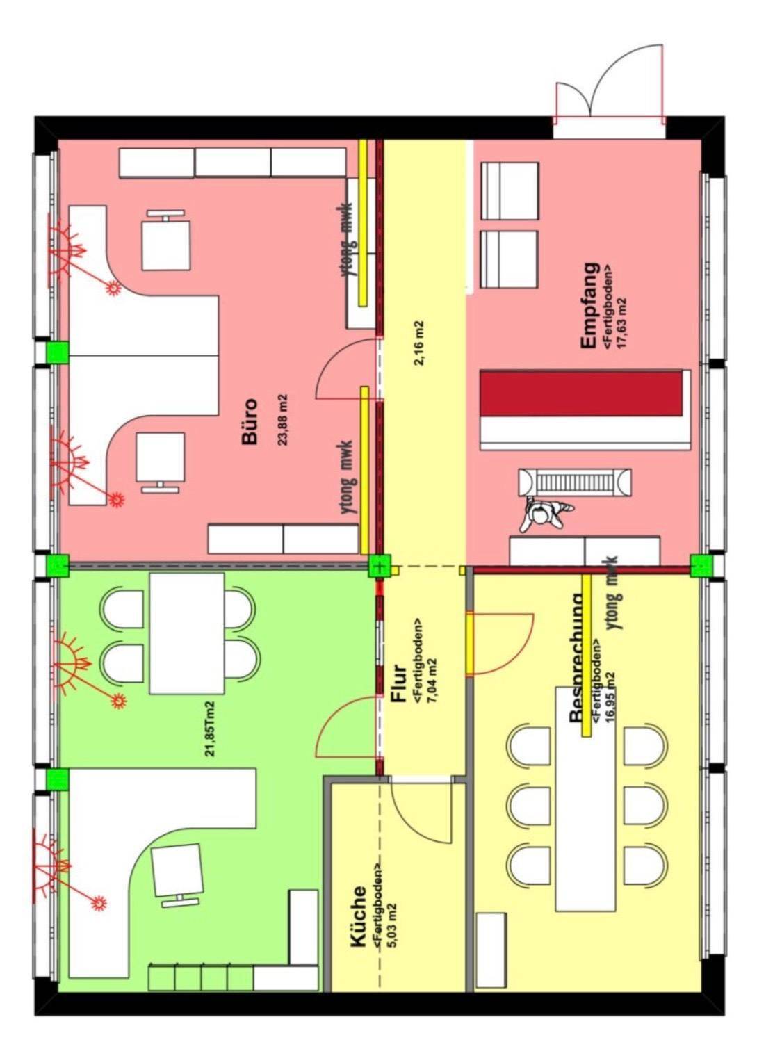 Übersichtlicher Grundriss mit separaten Bereichen für Büro, Empfang, Besprechung und Küche.