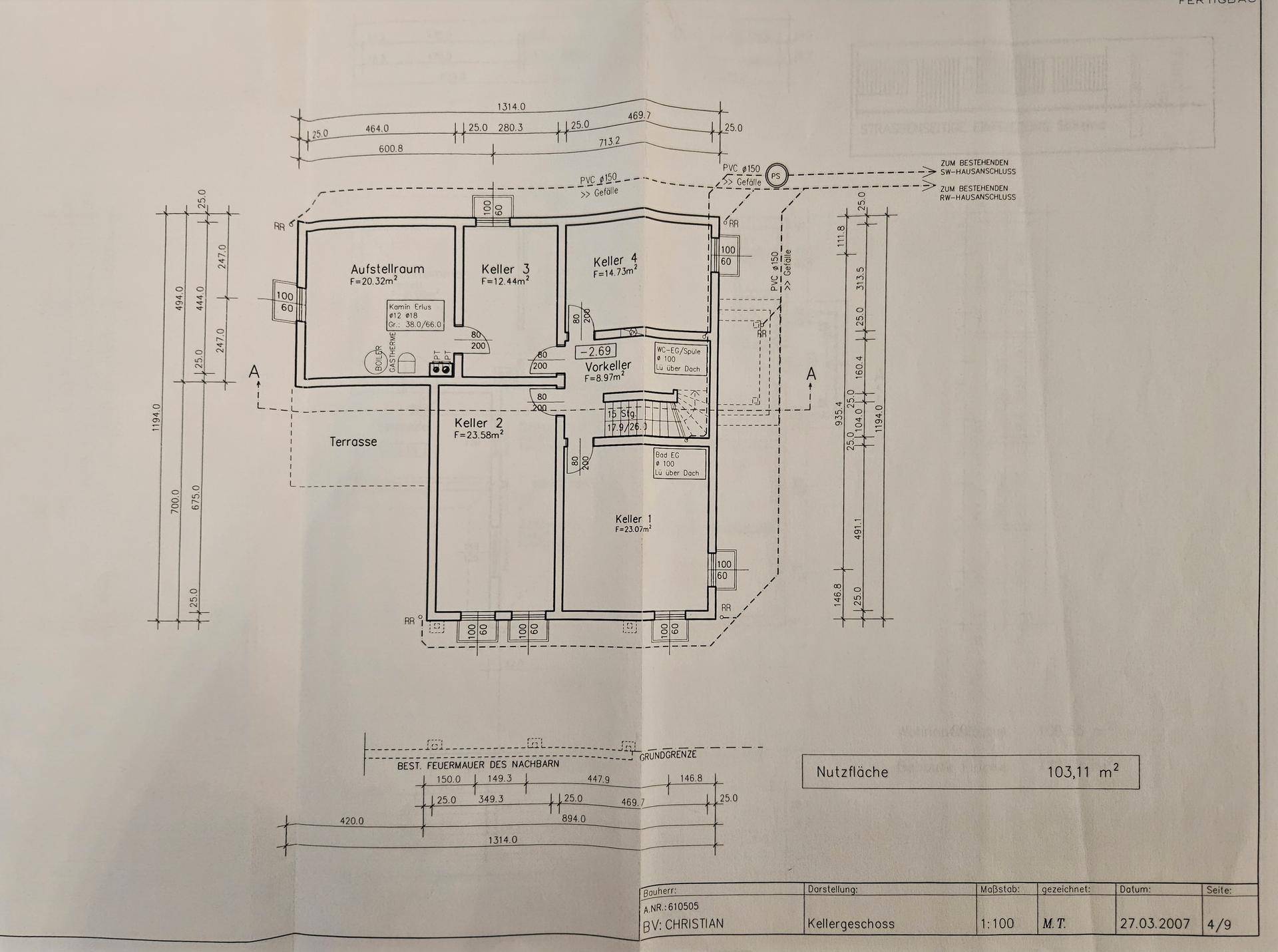 Grundriss des Kellergeschosses mit mehreren Kellerräumen und einem Abstellraum.