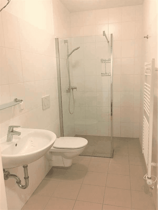 Modernes Badezimmer mit Duschkabine, WC, Waschbecken und beheiztem Handtuchhalter.