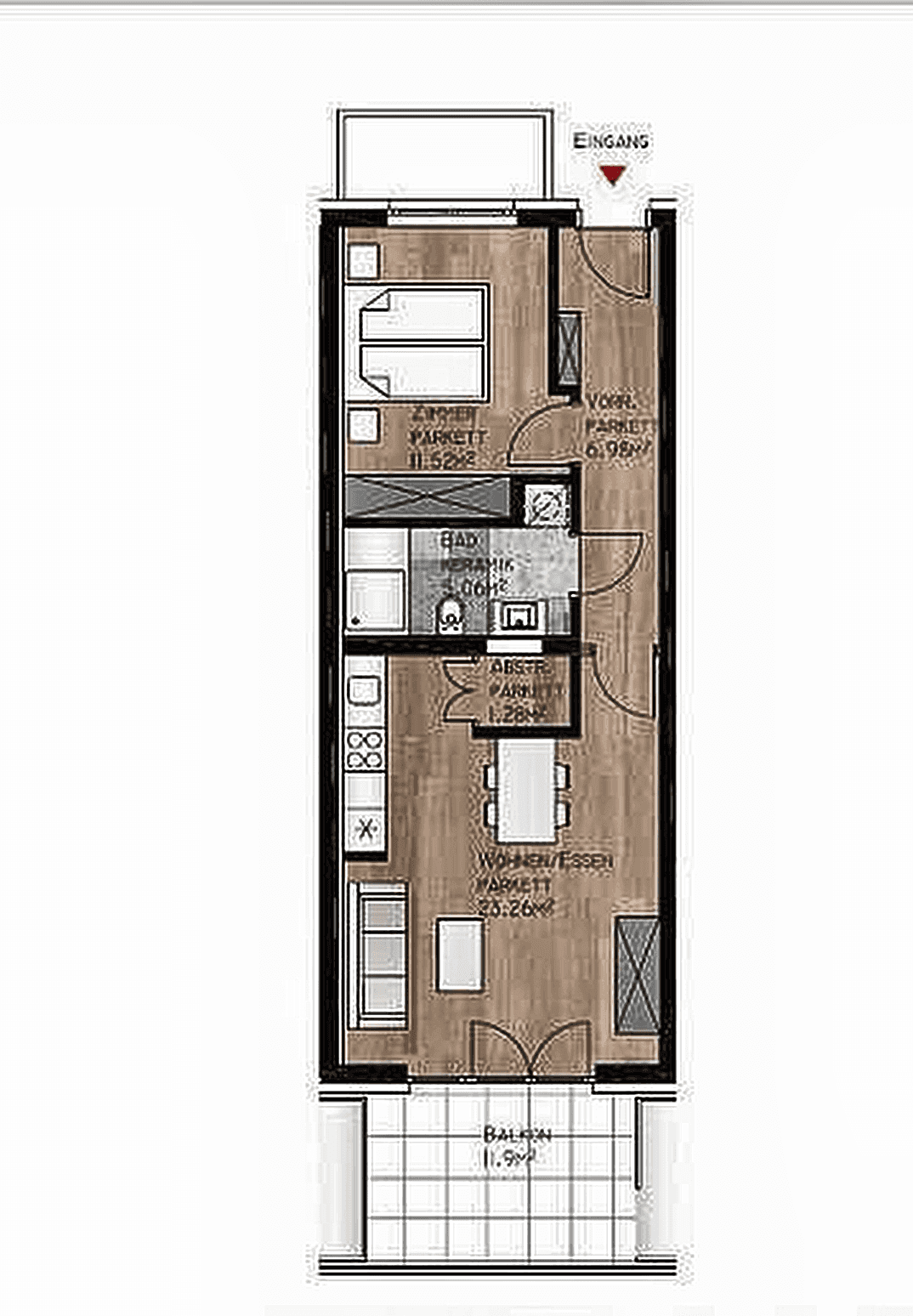 Detaillierter Grundriss einer Wohnung mit einem Schlafzimmer, Bad und offenem Wohnbereich.
