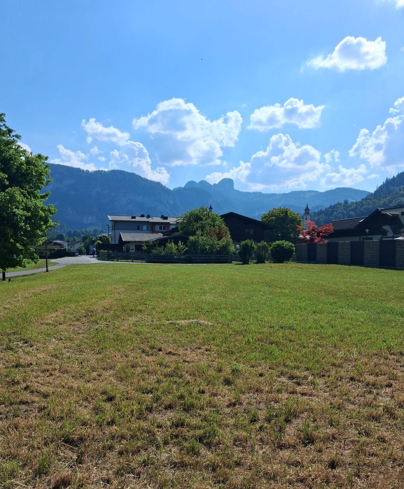 Weitläufige grüne Fläche mit Panoramablick auf die Alpen und nahegelegene Wohngebäude.