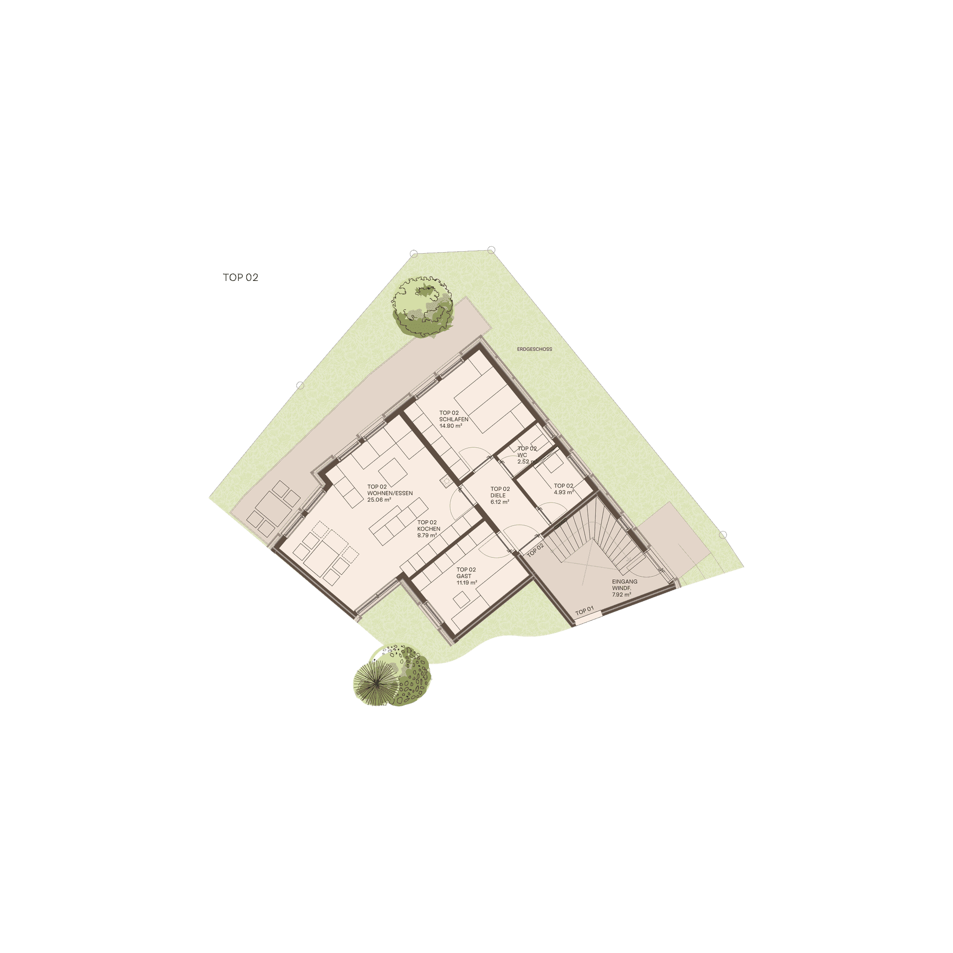 Grundriss des Erdgeschosses zeigt eine offene Wohnküche, ein Schlafzimmer und Zugang zu einer Terrasse mit Garten.