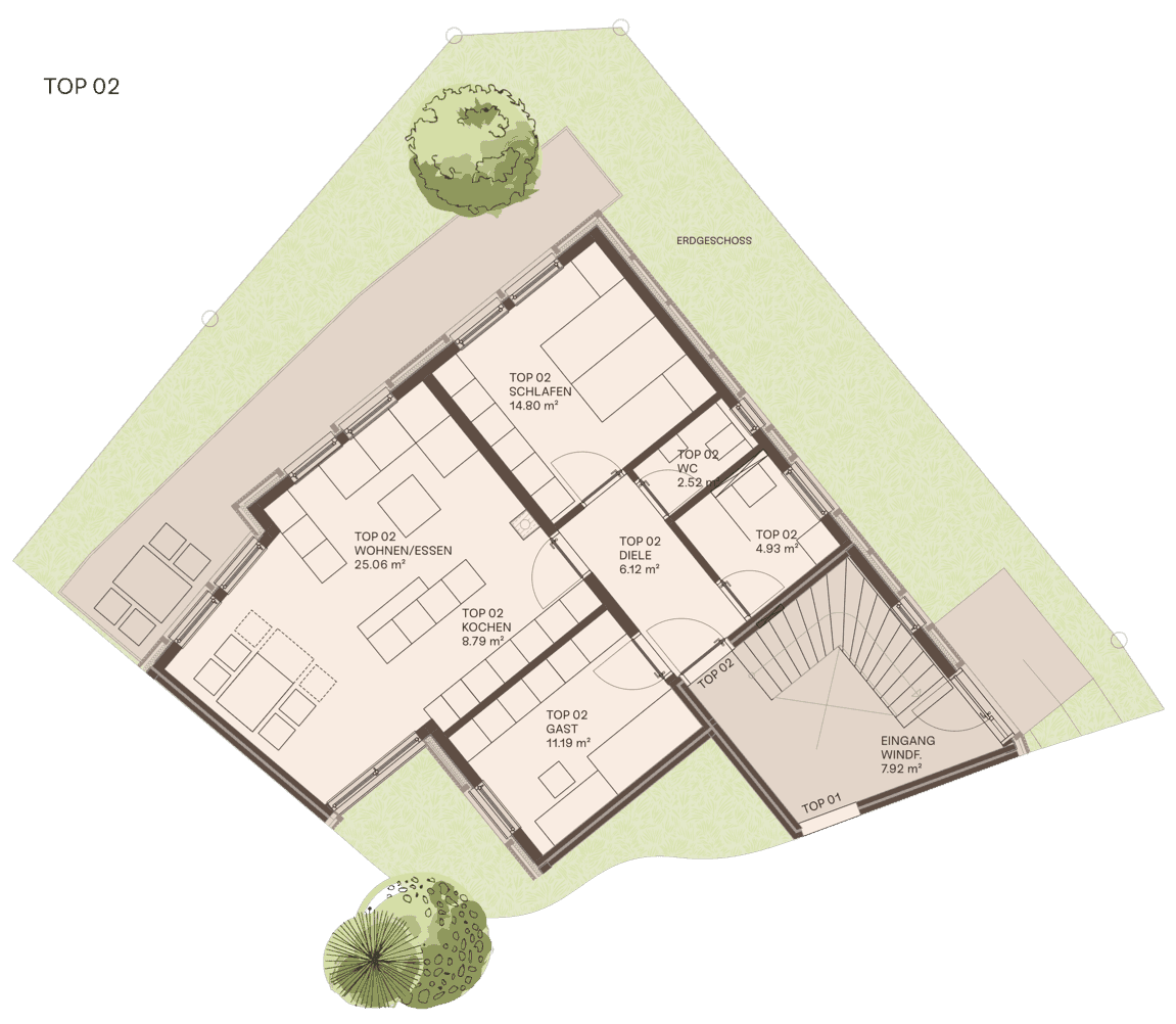 Grundriss des Erdgeschosses mit mehreren Zimmern, Terrasse und Zugang zum Garten.