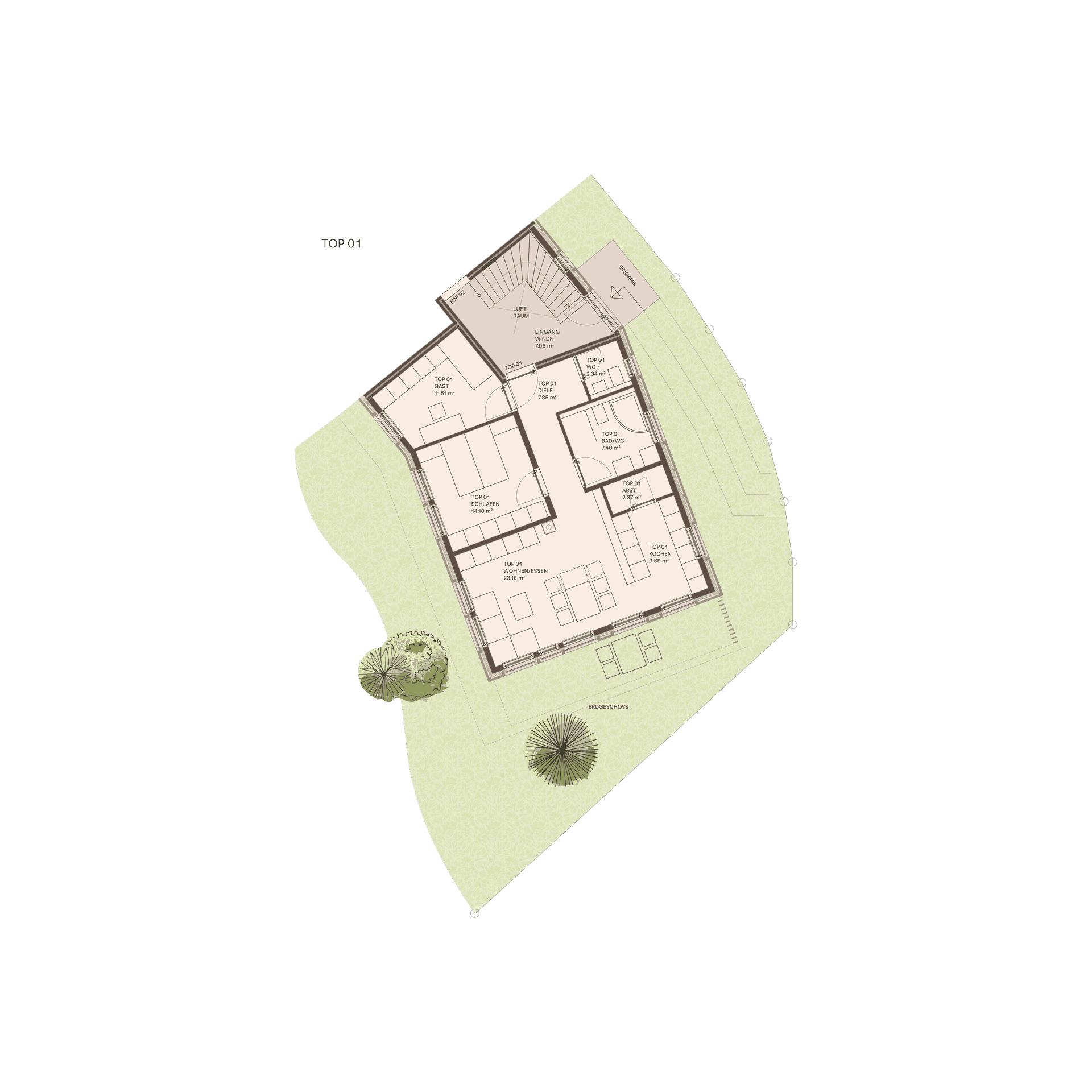 Grundriss des Erdgeschosses mit offenem Wohn-Essbereich, separater Küche, Schlafzimmer und Garten.