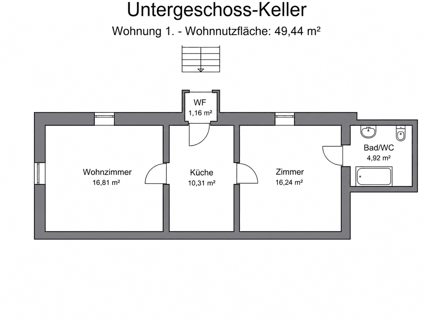 Grundriss des Untergeschosses mit Wohnzimmer, Küche, Zimmer und Bad/WC.