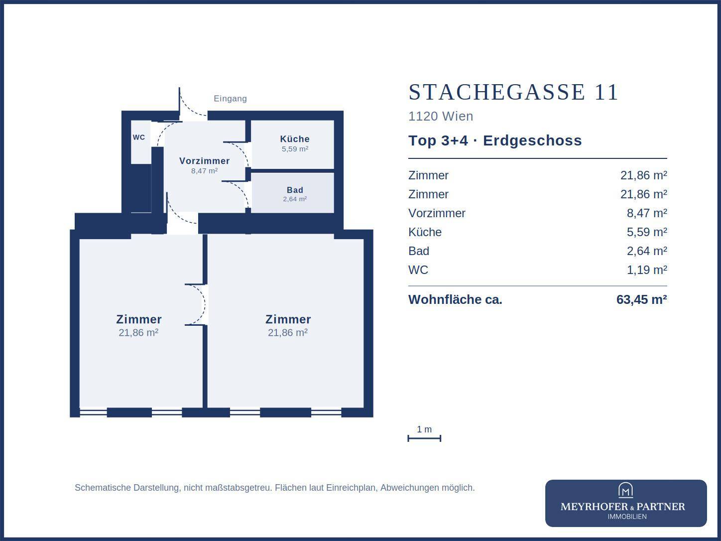 Grundriss der Erdgeschosswohnung mit zwei Zimmern, Küche, Bad und WC auf 63,45 m².