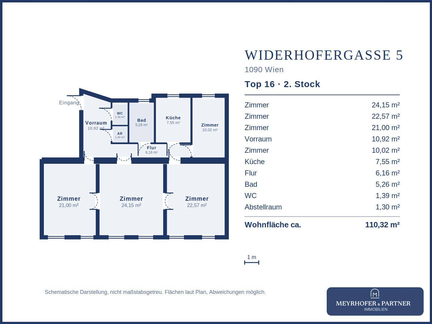 Grundriss der Wohnung mit 110,32 m² Wohnfläche und mehreren Zimmern.