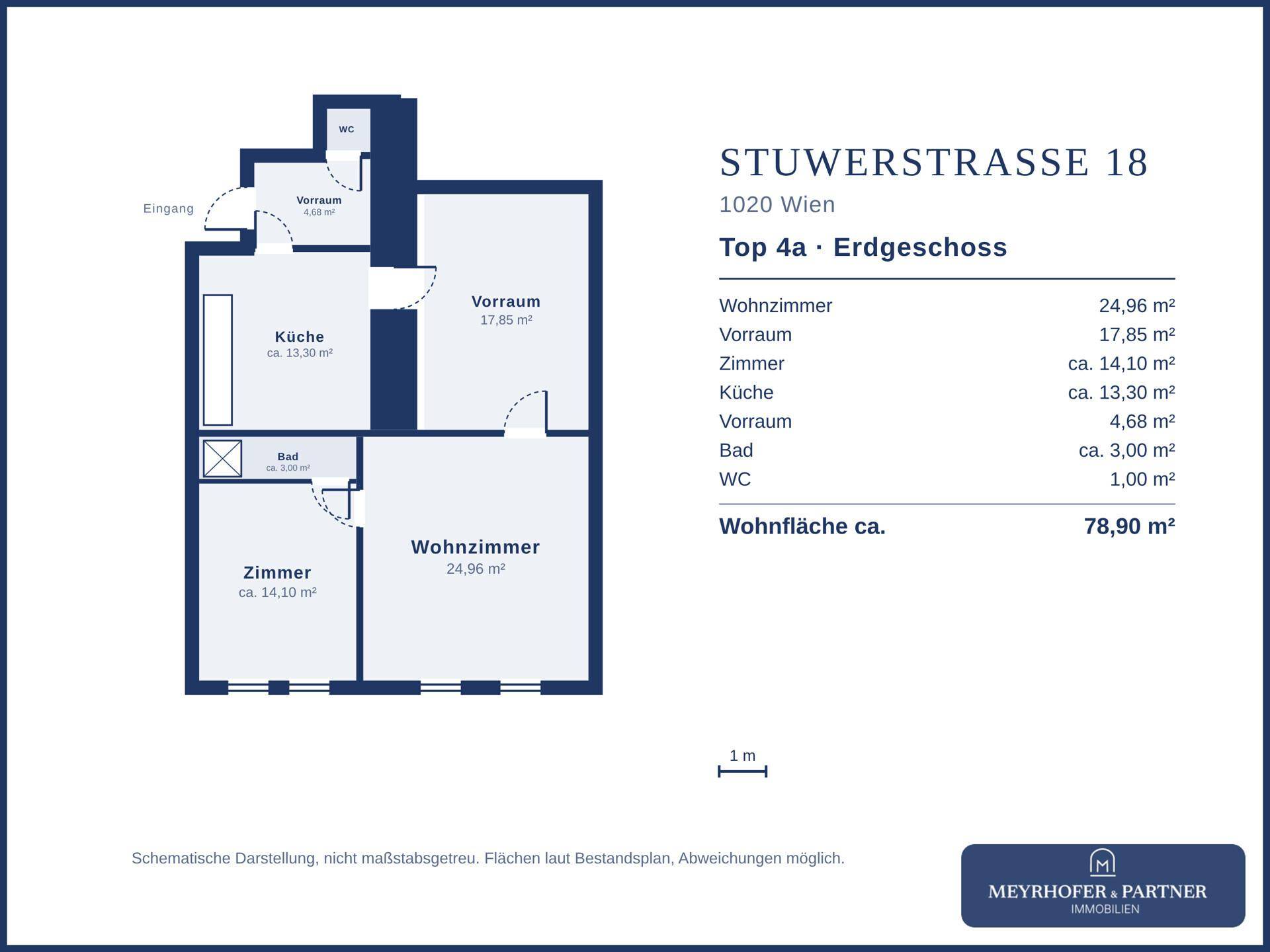 Grundriss des Erdgeschosses mit Wohnzimmer, Küche, Bad und WC.