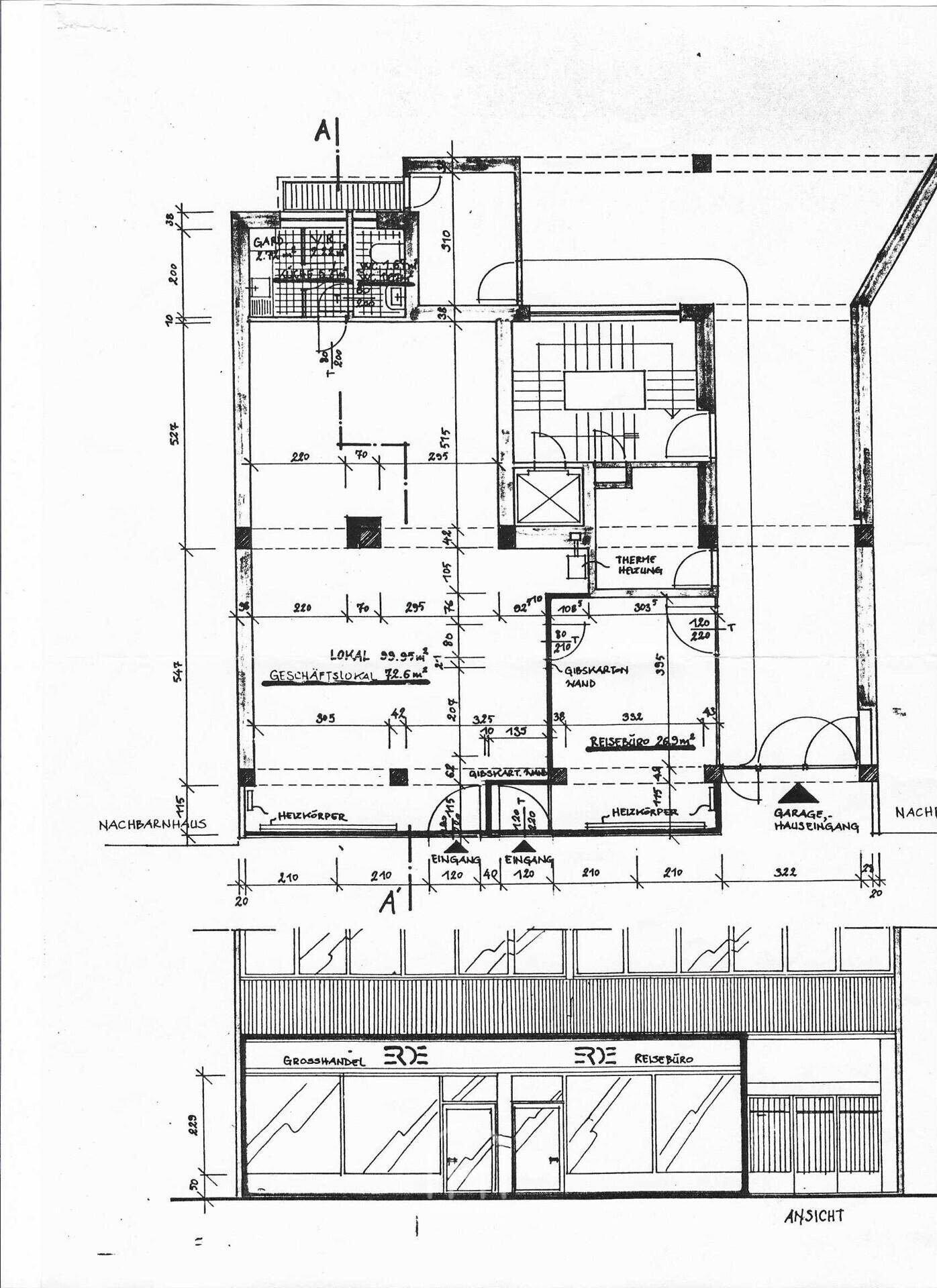 Grundriss und Ansicht eines Gewerbeobjekts mit Ladenfläche und Garage.
