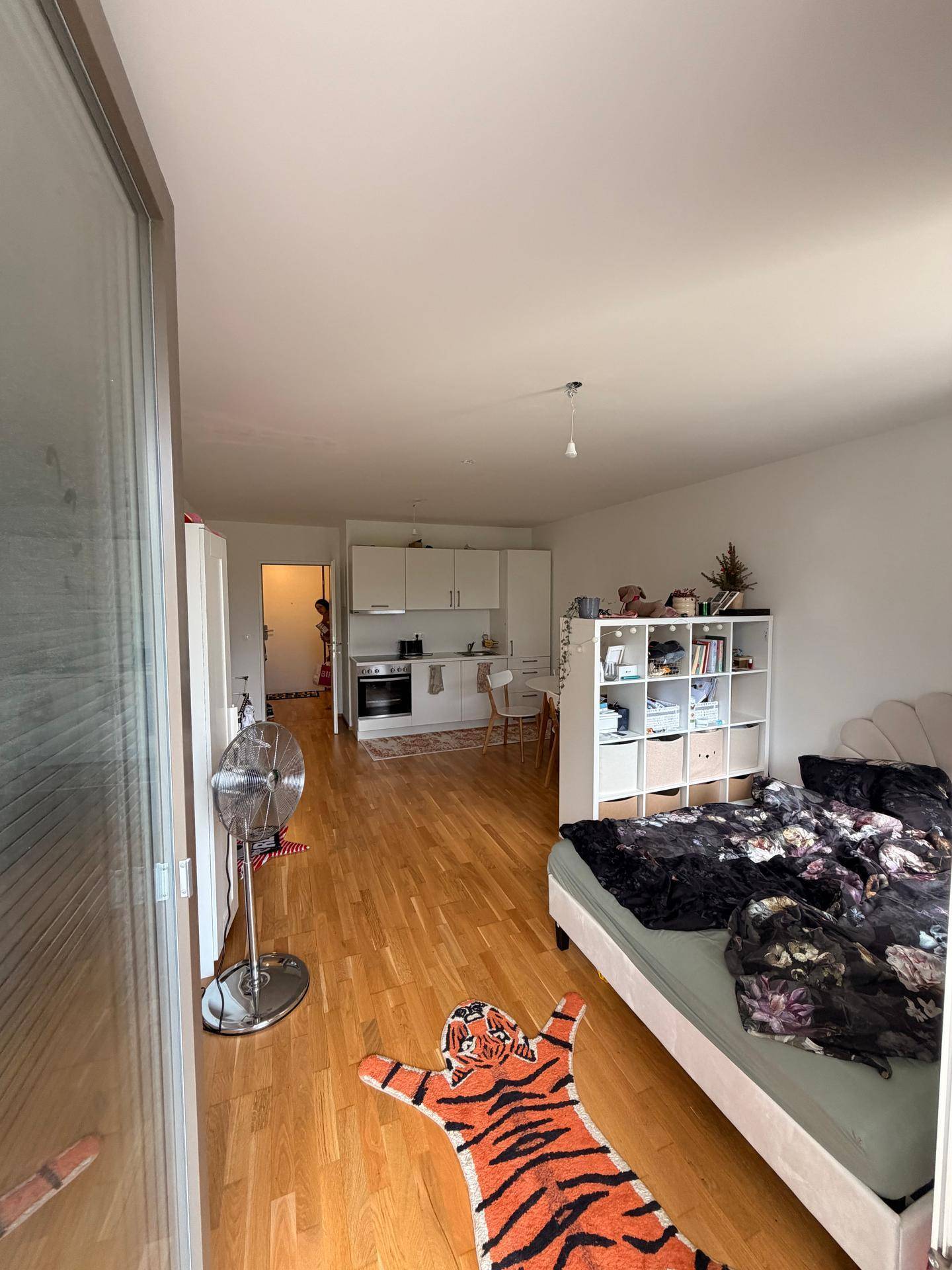 Schlafbereich im Studio-Apartment mit Blick auf die integrierte Küchenzeile und den Balkonzugang.