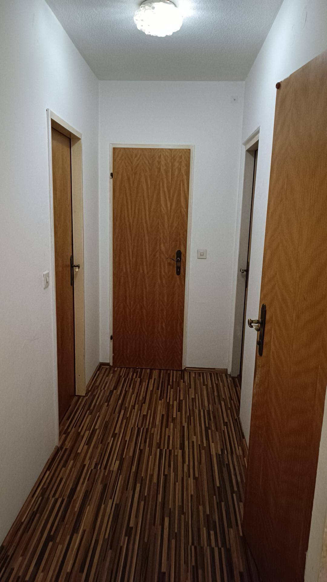Heller Flur mit Holzstreifenboden und mehreren Holztüren, die zu verschiedenen Räumen der Wohnung führen.