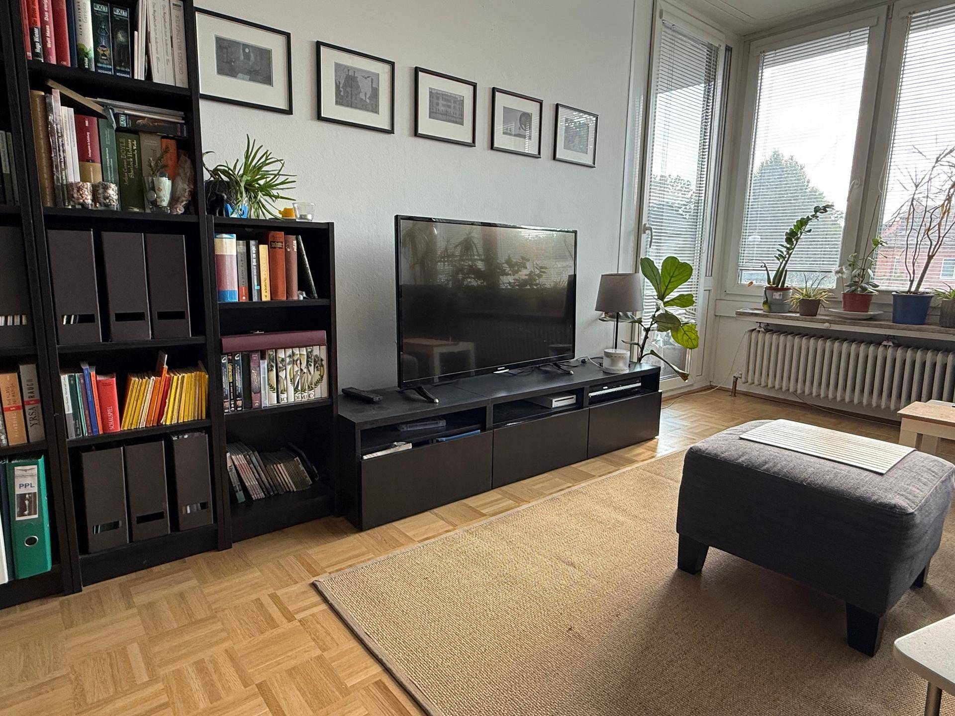 Wohnzimmer mit Fernseher, Medienschrank und Bücherregal auf hellem Parkettboden.