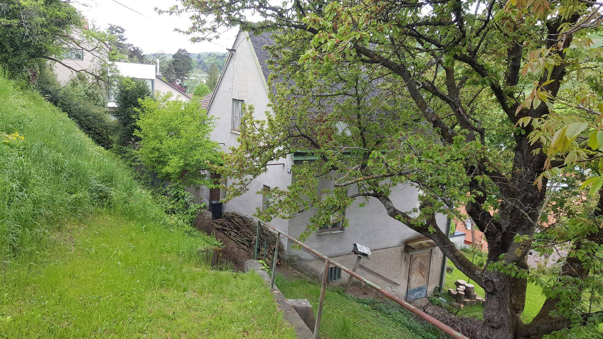Seitenansicht eines Hauses mit bewachsenem Hang und Treppenaufgang im Garten.
