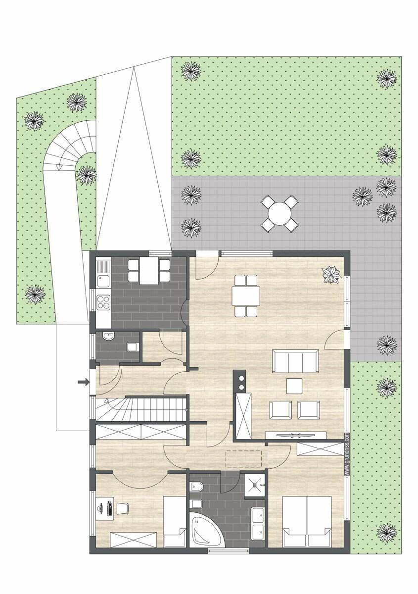Grundriss des Erdgeschosses mit Wohnbereich, Küche, Bad und Zugang zu Terrasse und Garten.