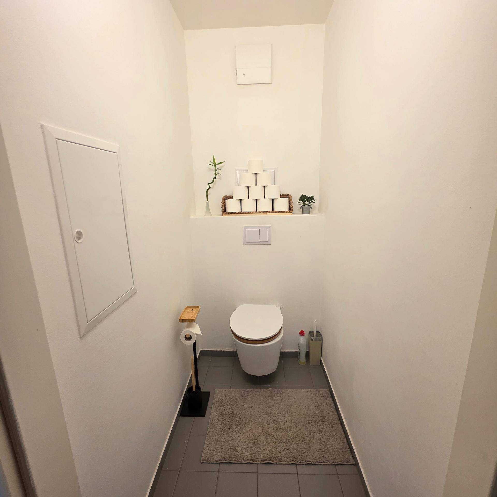 Kleines Gäste-WC mit Wand-WC, grauen Fliesen und Ablagefläche.