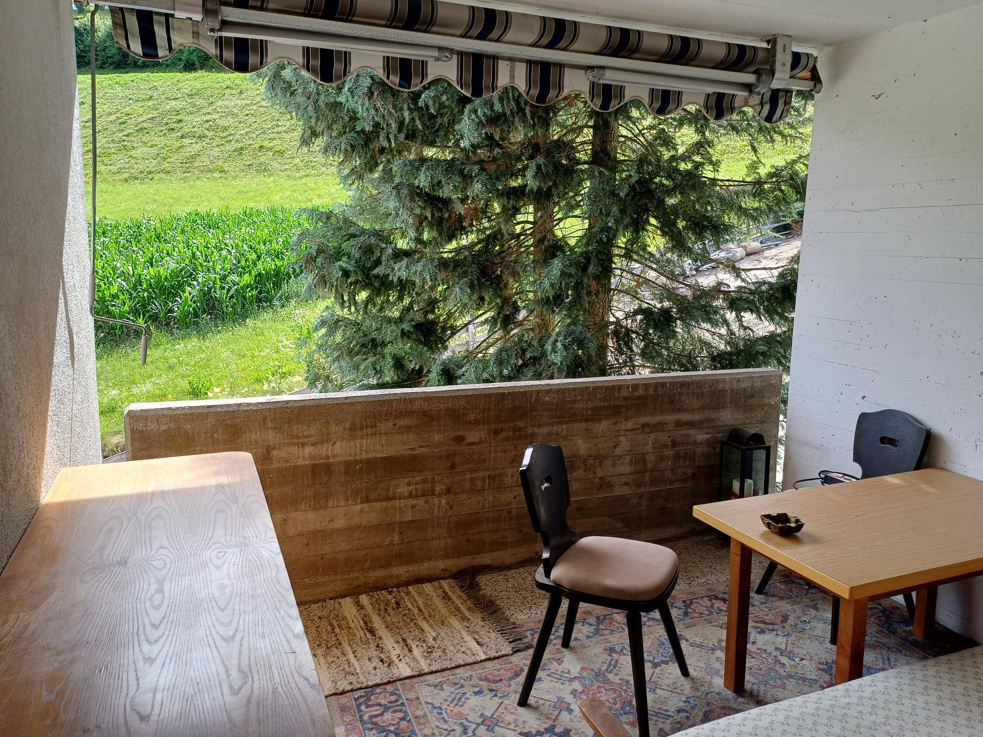 Möblierter Balkon mit Markise, Tisch und Stühlen, umgeben von viel Grün.