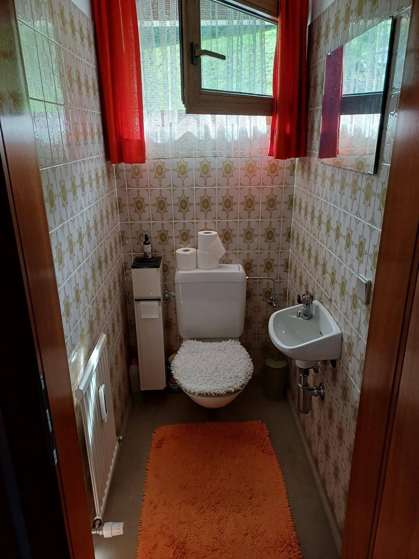 Kleines Gäste-WC mit WC, Waschbecken und auffälligen Fliesen im Retro-Stil.
