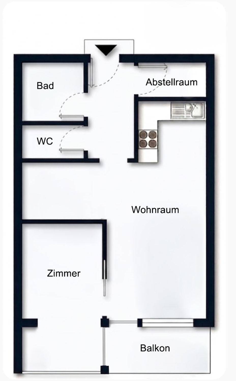 Grundrissplan einer Wohnung mit Wohnraum, Zimmer, Bad, WC, Abstellraum und Balkon.