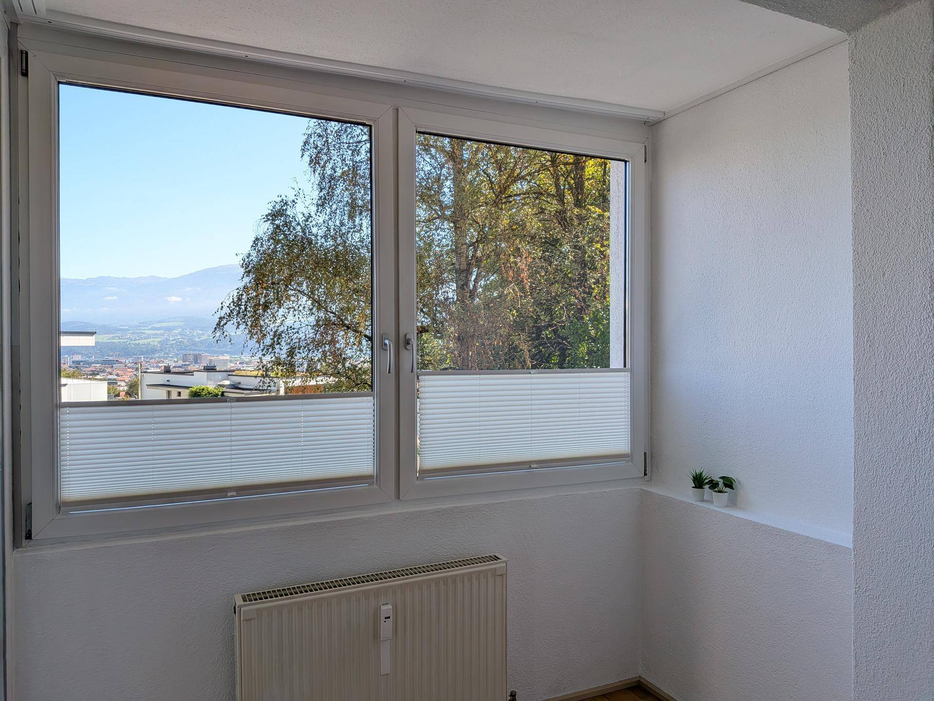 Helle Zimmerecke mit Fenster, Heizkörper und Ausblick auf Bäume und entfernte Berge.