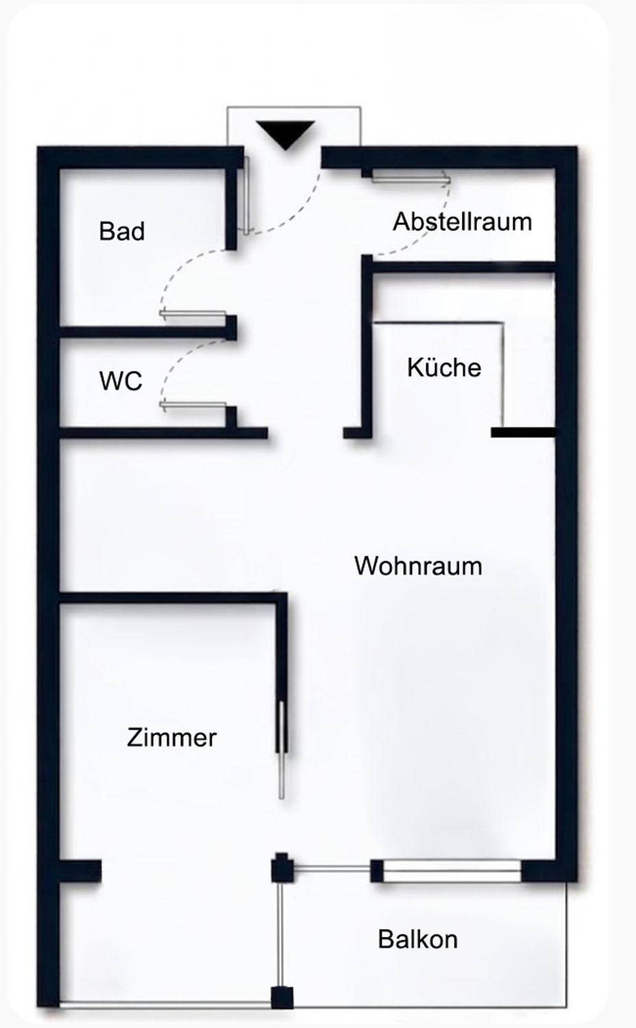 Grundriss einer Wohnung mit Wohnzimmer, Schlafzimmer, separater Küche, Bad, WC, Abstellraum und Balkon.